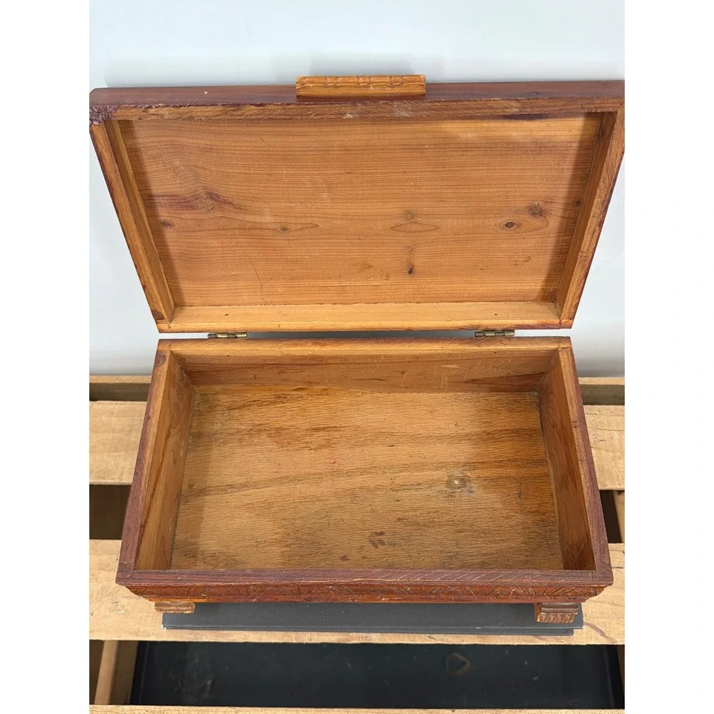 Vintage Cedar Wood Jewelry Box Hand Carved Cottage Landscape Keepsake Chest